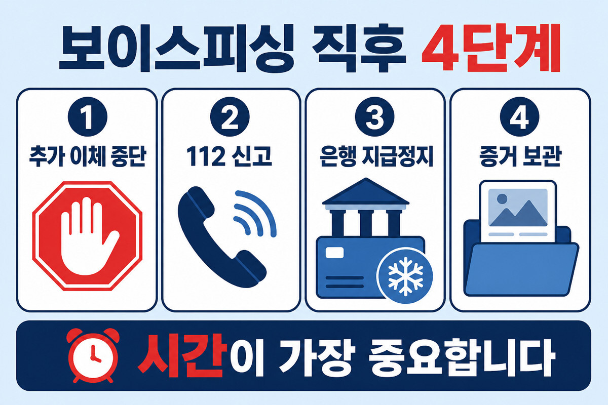 보이스피싱 직후 추가 이체 중단 112 신고 은행 지급정지 증거 보관 4단계 인포그래픽
