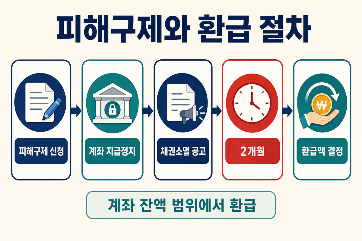 보이스피싱 피해구제 신청부터 계좌 지급정지 채권소멸 공고 2개월 환급액 결정 흐름 인포그래픽