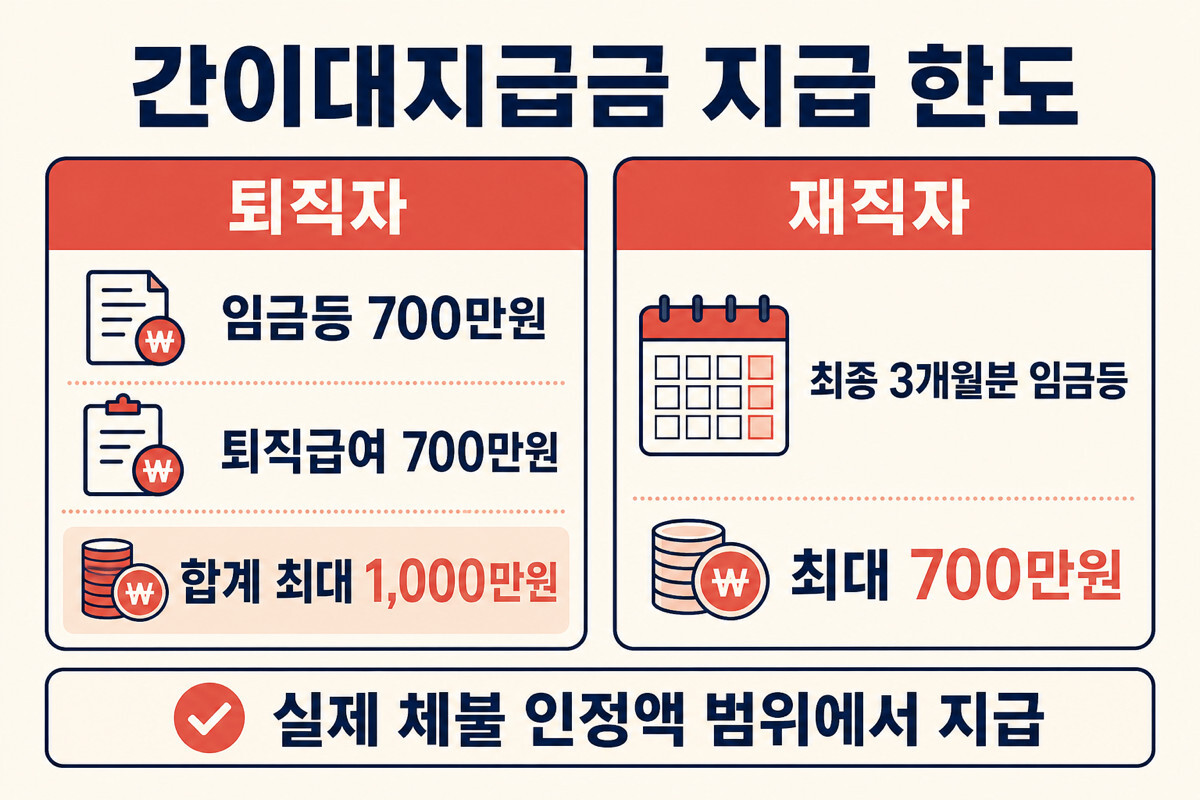 간이대지급금 퇴직자 재직자 지급 한도 인포그래픽