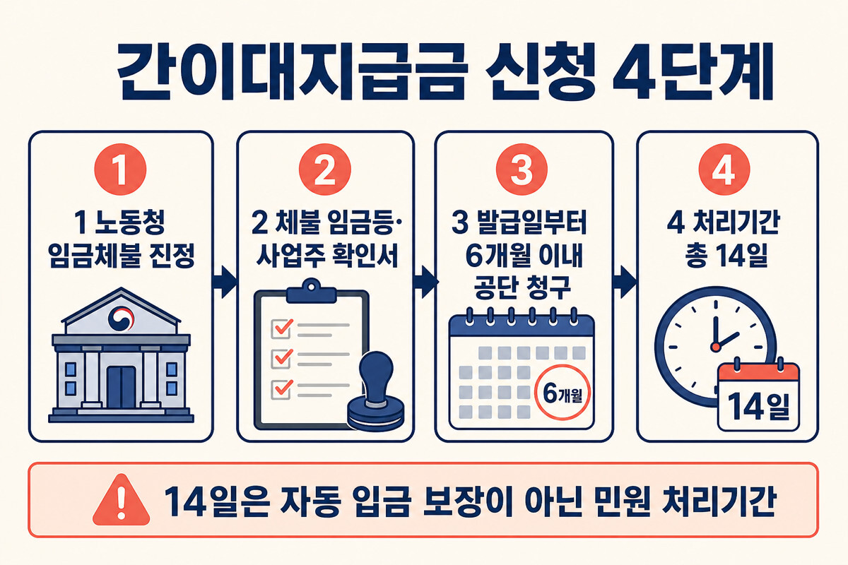 간이대지급금 노동청 진정부터 근로복지공단 청구까지 4단계 인포그래픽