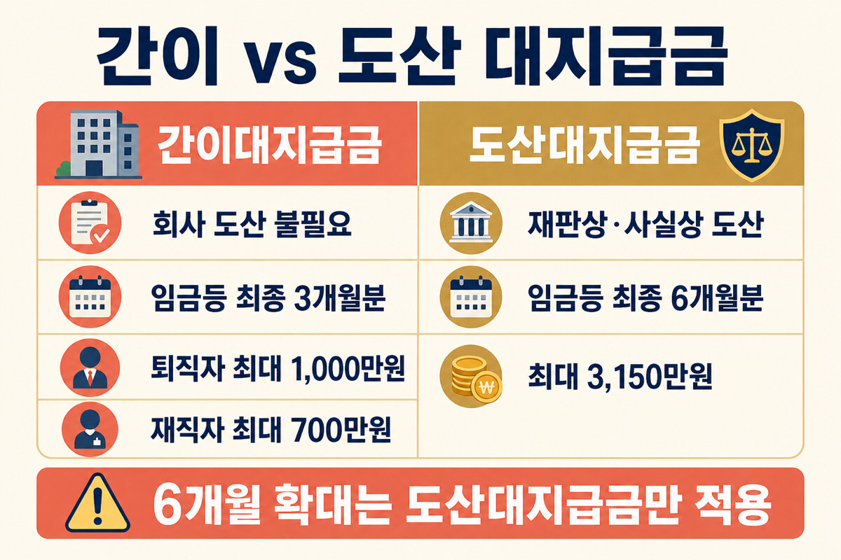 간이대지급금과 도산대지급금 지급범위 한도 비교 인포그래픽