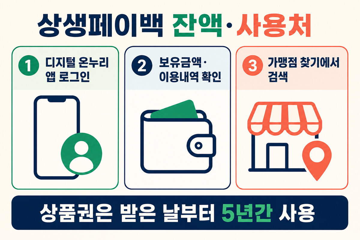 상생페이백 디지털 온누리상품권 잔액 사용처 확인 3단계 인포그래픽