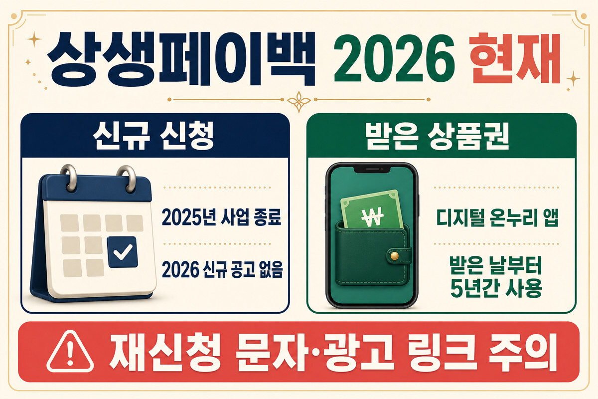 상생페이백 2026 신규 신청 종료와 온누리상품권 사용 가능 상태 인포그래픽
