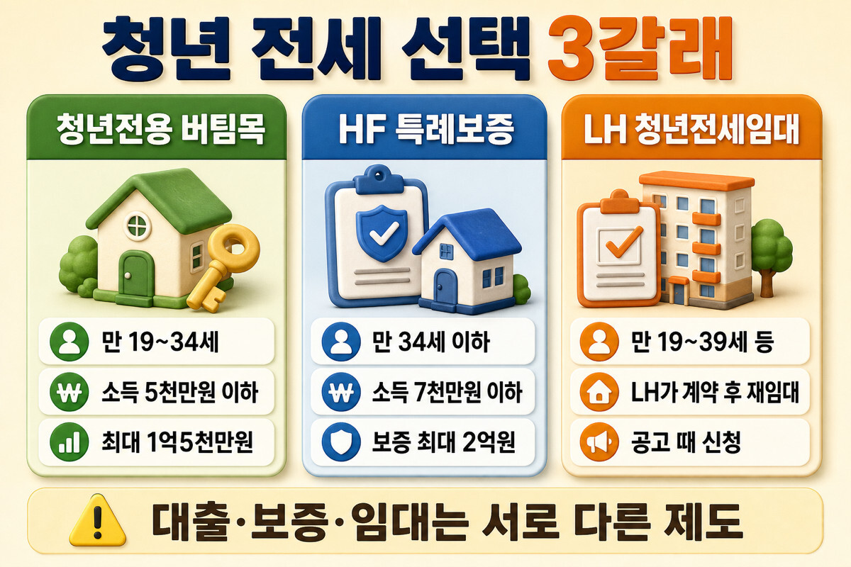 청년전용 버팀목 HF 특례보증 LH 청년전세임대 조건 비교 인포그래픽