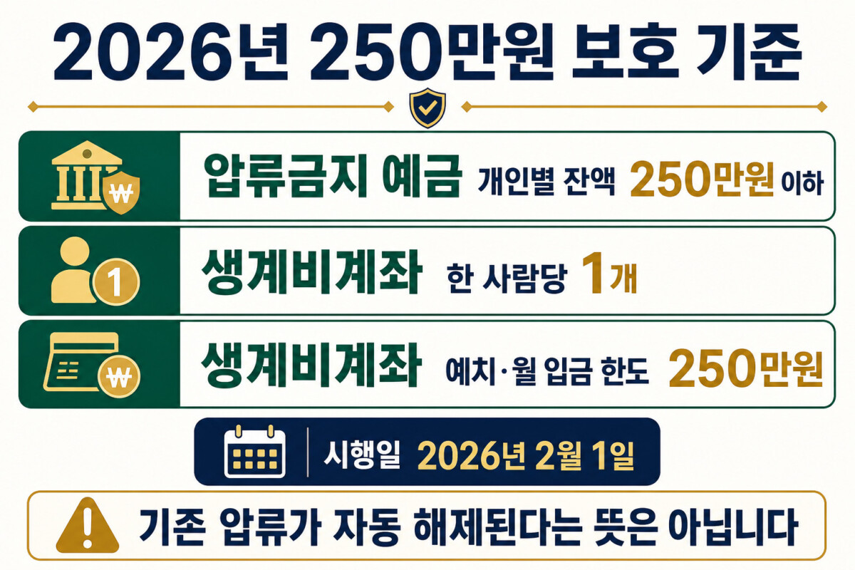 2026년 압류금지 예금 250만원 생계비계좌 한도 적용 인포그래픽