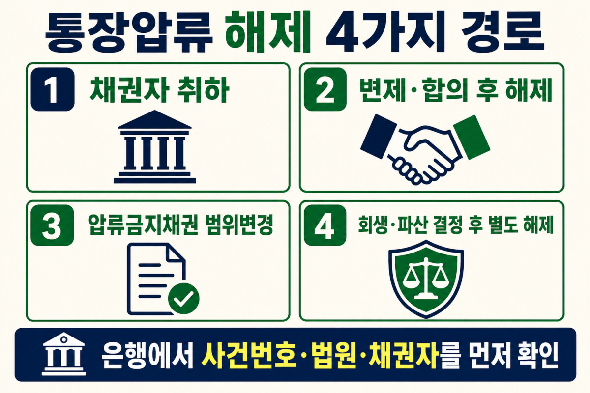 압류통장 해지 채권자 취하 변제합의 범위변경 회생면책 네 가지 경로 인포그래픽