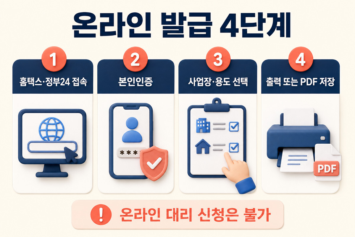 홈택스 정부24에서 본인인증 후 사업장과 용도를 선택해 PDF 저장하는 4단계