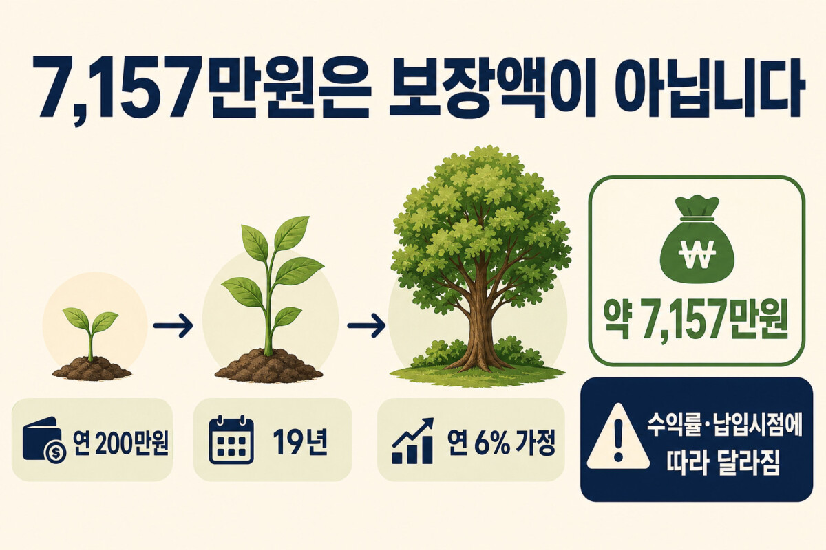 우리아이 자립펀드 연 200만원 19년 연 6퍼센트 가정과 약 7157만원 결과 인포그래픽