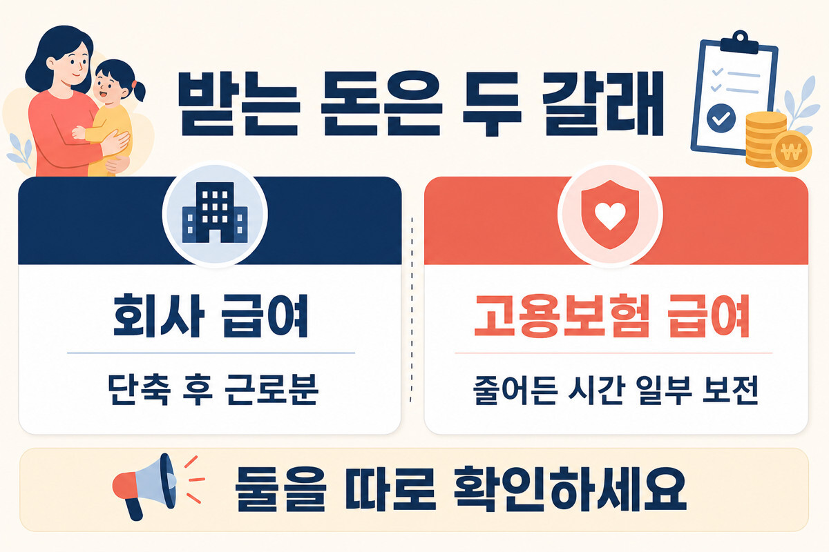 육아기 단축근무 때 회사 급여와 고용보험 급여를 구분한 인포그래픽