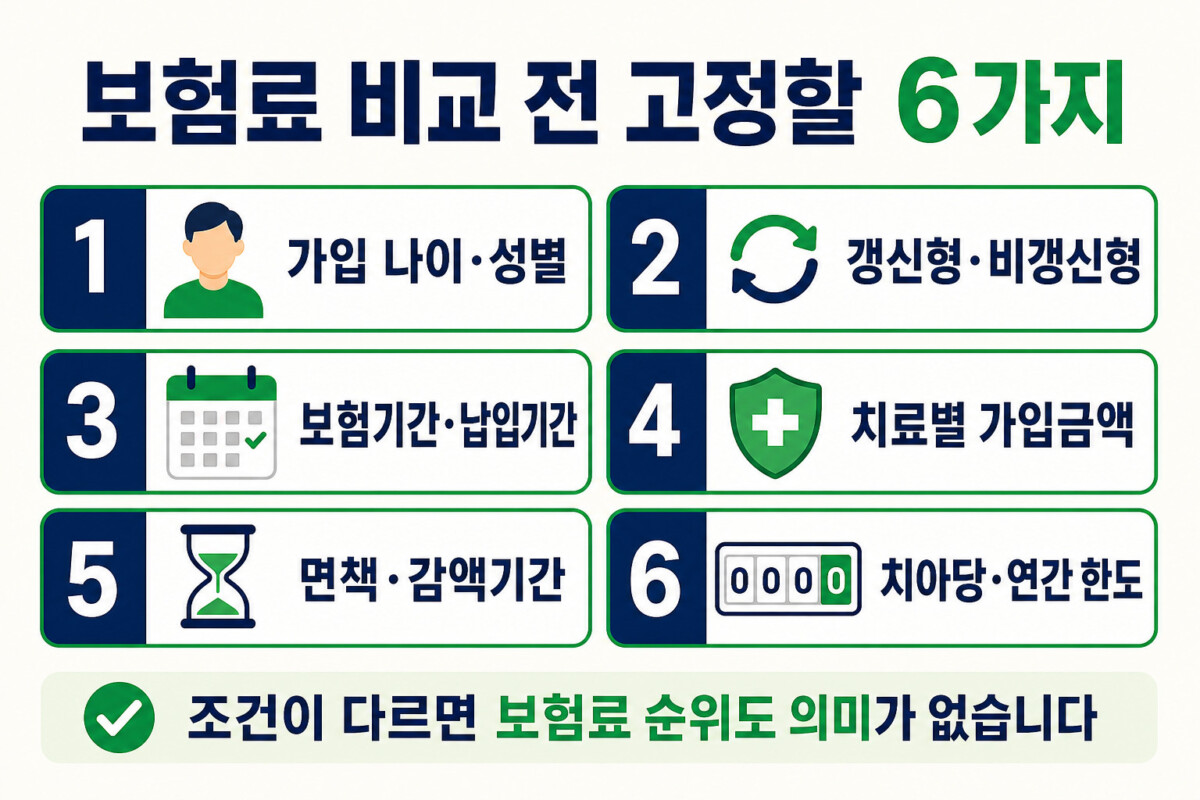 치아보험 비교사이트 보험료 비교 전 가입나이 갱신유형 가입금액 면책 감액 한도 동일조건 인포그래픽