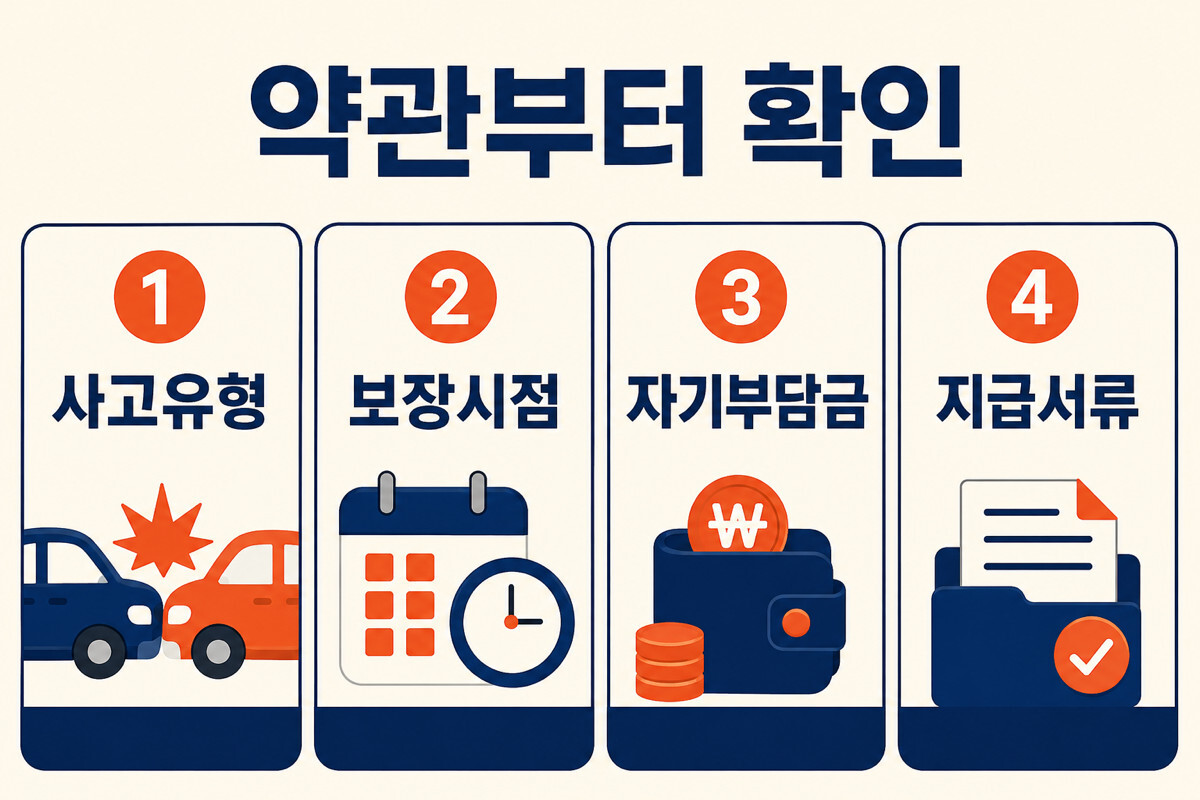 운전자보험 변호사선임비용의 사고유형 보장시점 자기부담금 지급서류를 순서대로 확인하는 인포그래픽
