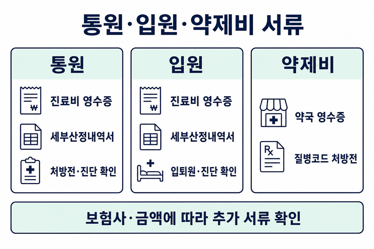 실비보험 통원 입원 약제비 청구 서류 비교 인포그래픽