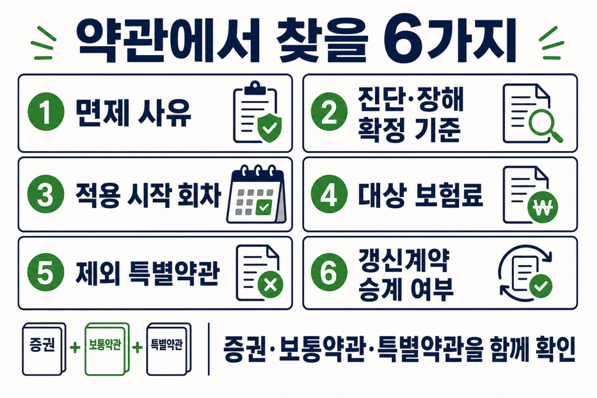 보험료 납입면제 약관 사유 확정시점 대상보험료 제외특약 갱신 서류 6가지 인포그래픽