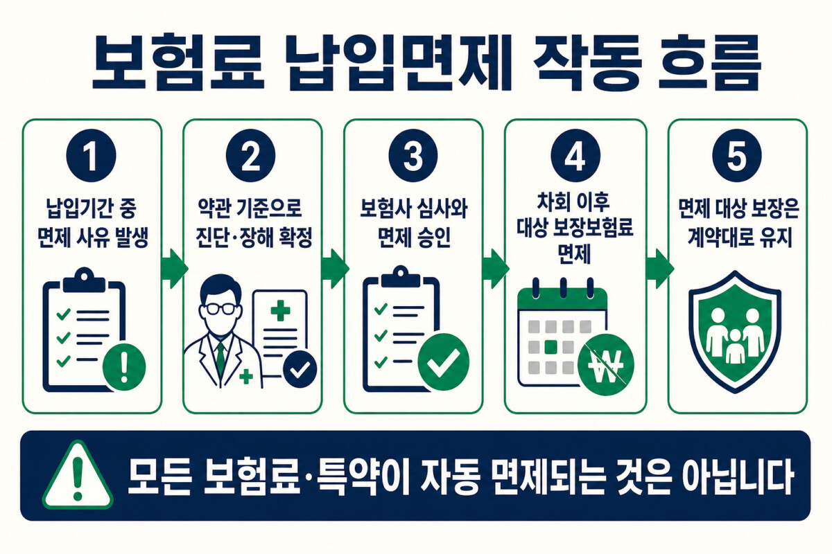보험료 납입면제 사유 확정 차회 이후 보장보험료 면제 보장 유지 흐름 인포그래픽