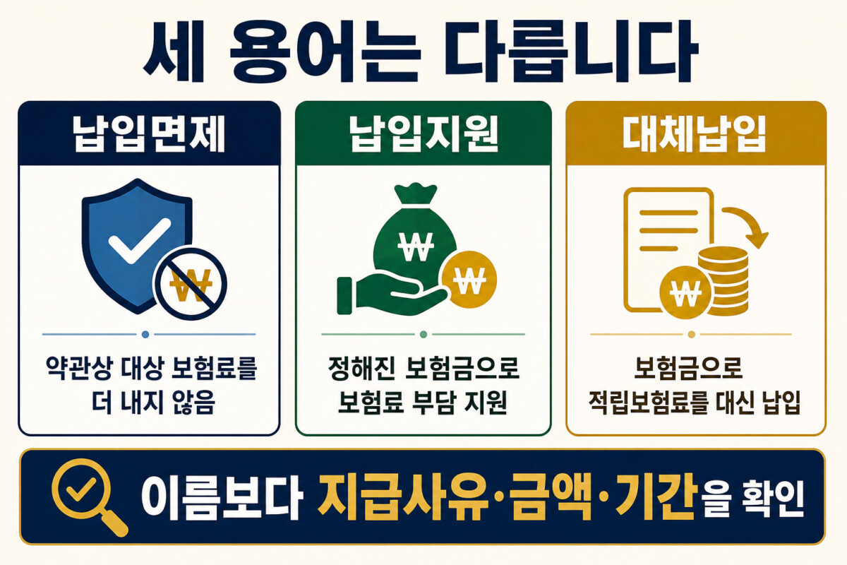 보험료 납입면제 납입지원 적립보험료 대체납입 차이 비교 인포그래픽