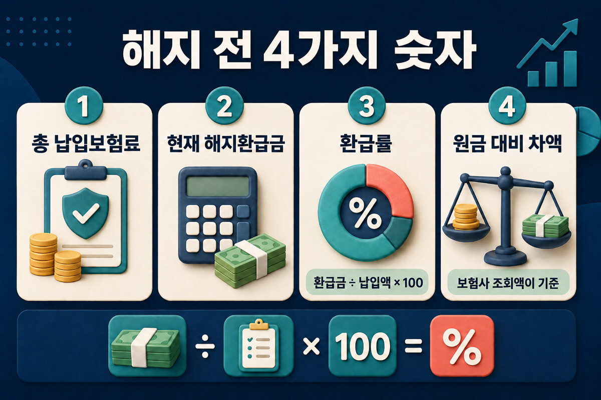 보험 해지환급금 조회 후 총 납입액과 환급률을 비교하는 네 숫자 인포그래픽