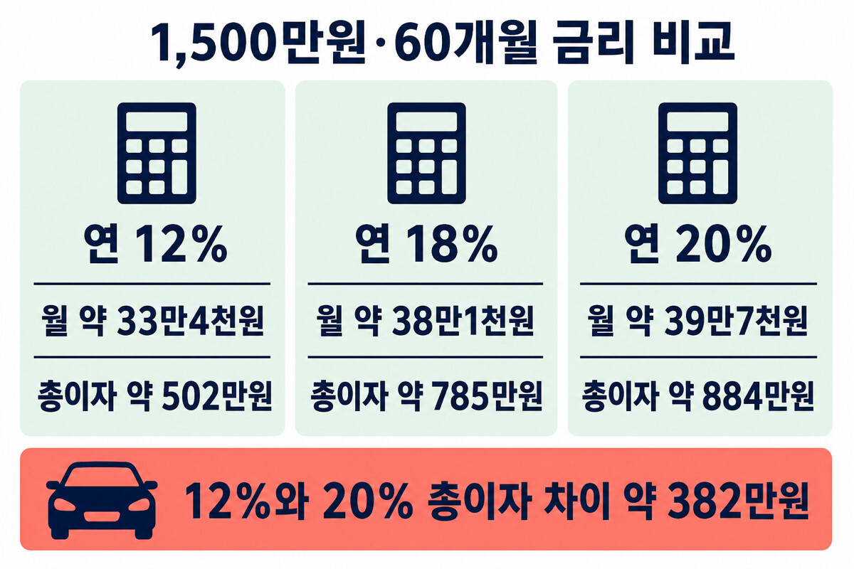 저신용 중고차 할부 1500만원 60개월 금리별 월납입 총이자 비교 인포그래픽