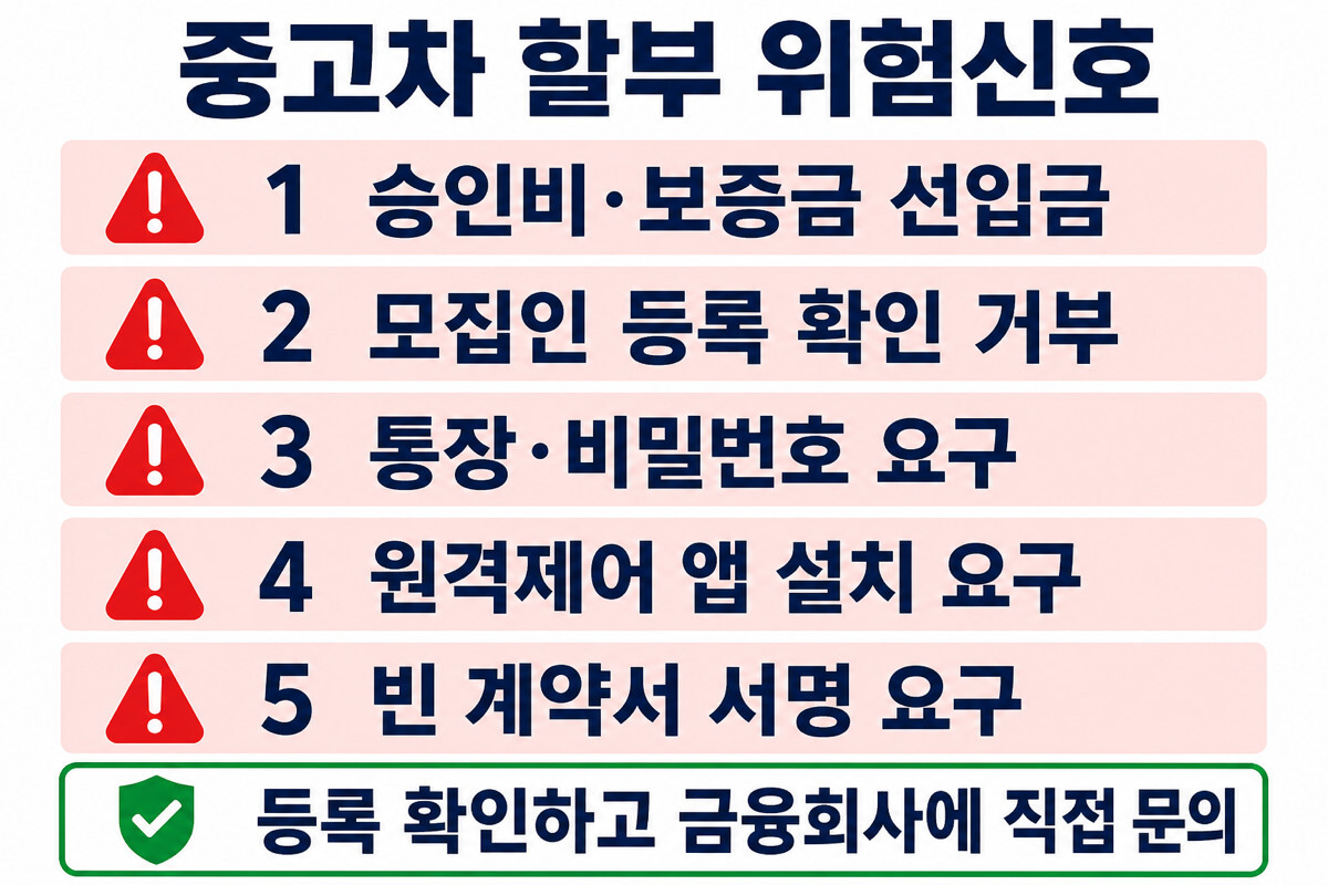 저신용 중고차 할부 선입금 미등록 모집인 비밀번호 원격앱 사기 위험신호 인포그래픽