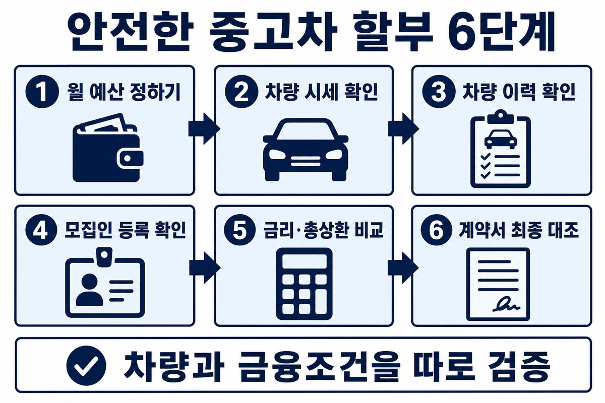 저신용 중고차 할부 예산 시세 차량이력 모집인 금리 계약 6단계 인포그래픽