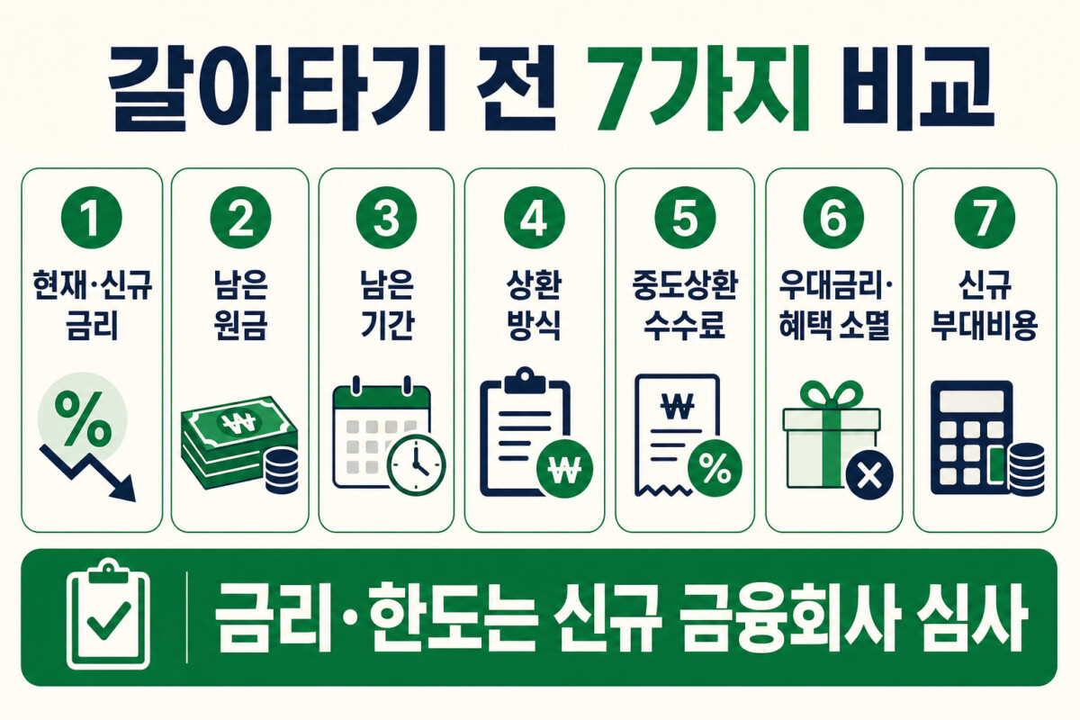 주택담보대출 갈아타기 금리 원금 기간 상환방식 수수료 우대금리 부대비용 비교 인포그래픽
