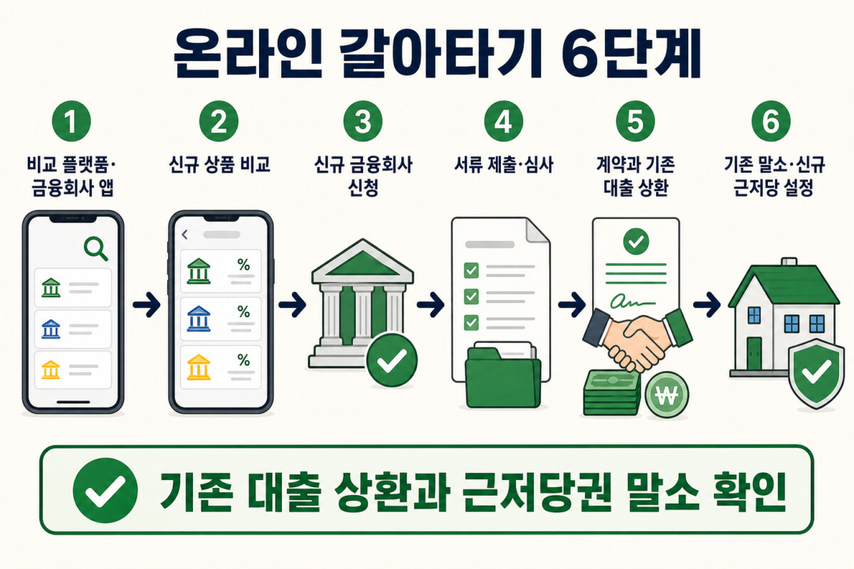 온라인 주택담보대출 갈아타기 비교 신청 심사 계약 기존 대출 상환 근저당 정리 절차 인포그래픽