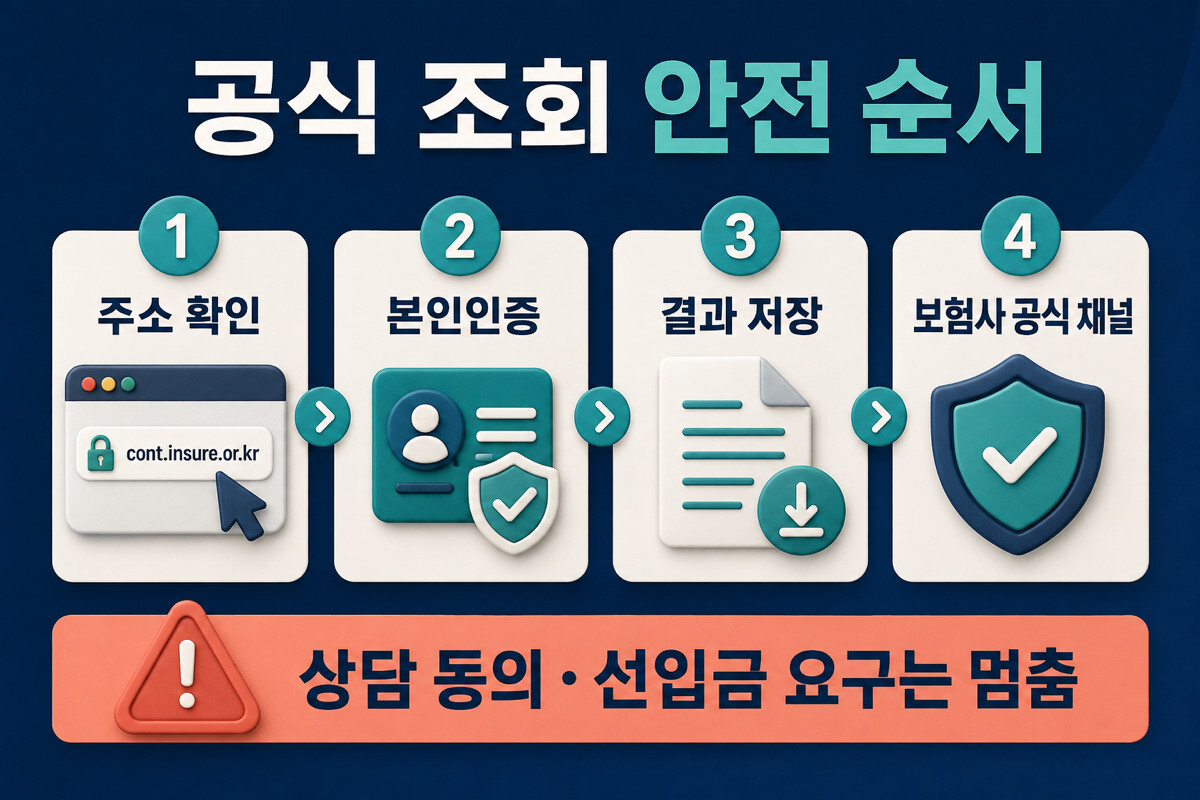 내 보험 조회 시 공식 주소 확인부터 본인인증 결과 저장까지 안전 순서 인포그래픽
