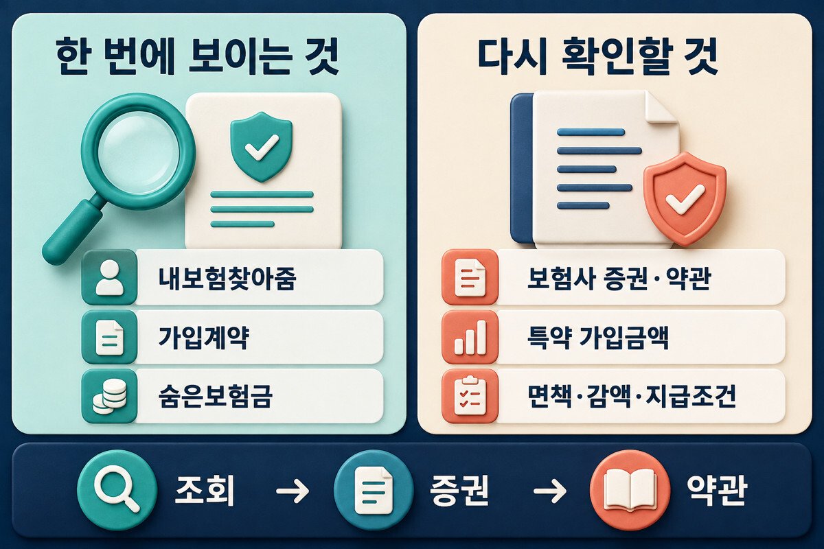 내보험찾아줌 조회 항목과 보험사에서 다시 확인할 항목 비교 인포그래픽