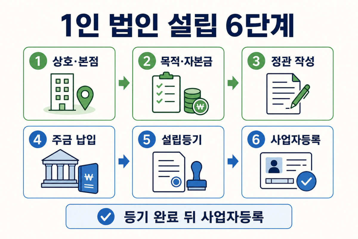 1인 법인 설립 상호 본점 정관 주금납입 등기 사업자등록 6단계 인포그래픽