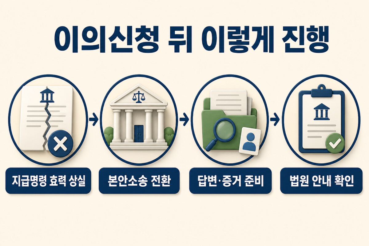 지급명령 이의신청 후 효력 상실과 본안 민사소송 전환 흐름 인포그래픽