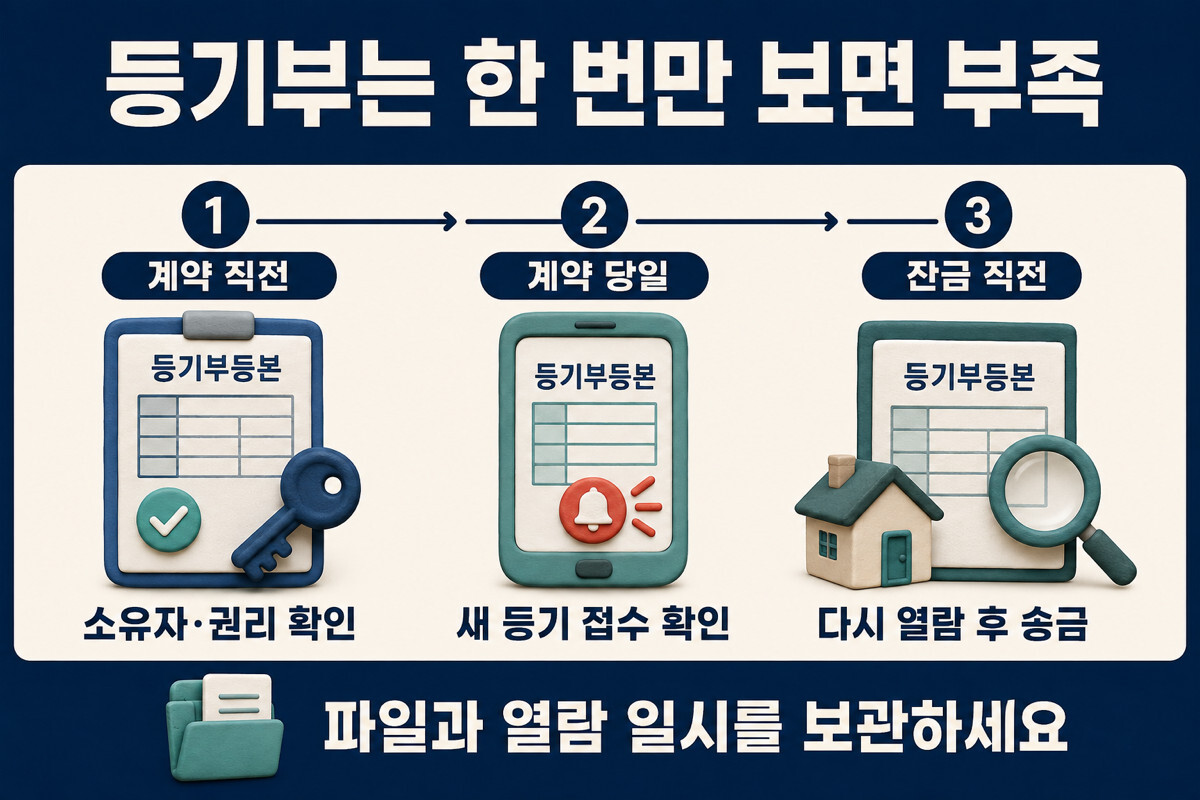 등기부를 계약 직전 계약 당일 잔금 직전에 다시 열람하는 순서 인포그래픽