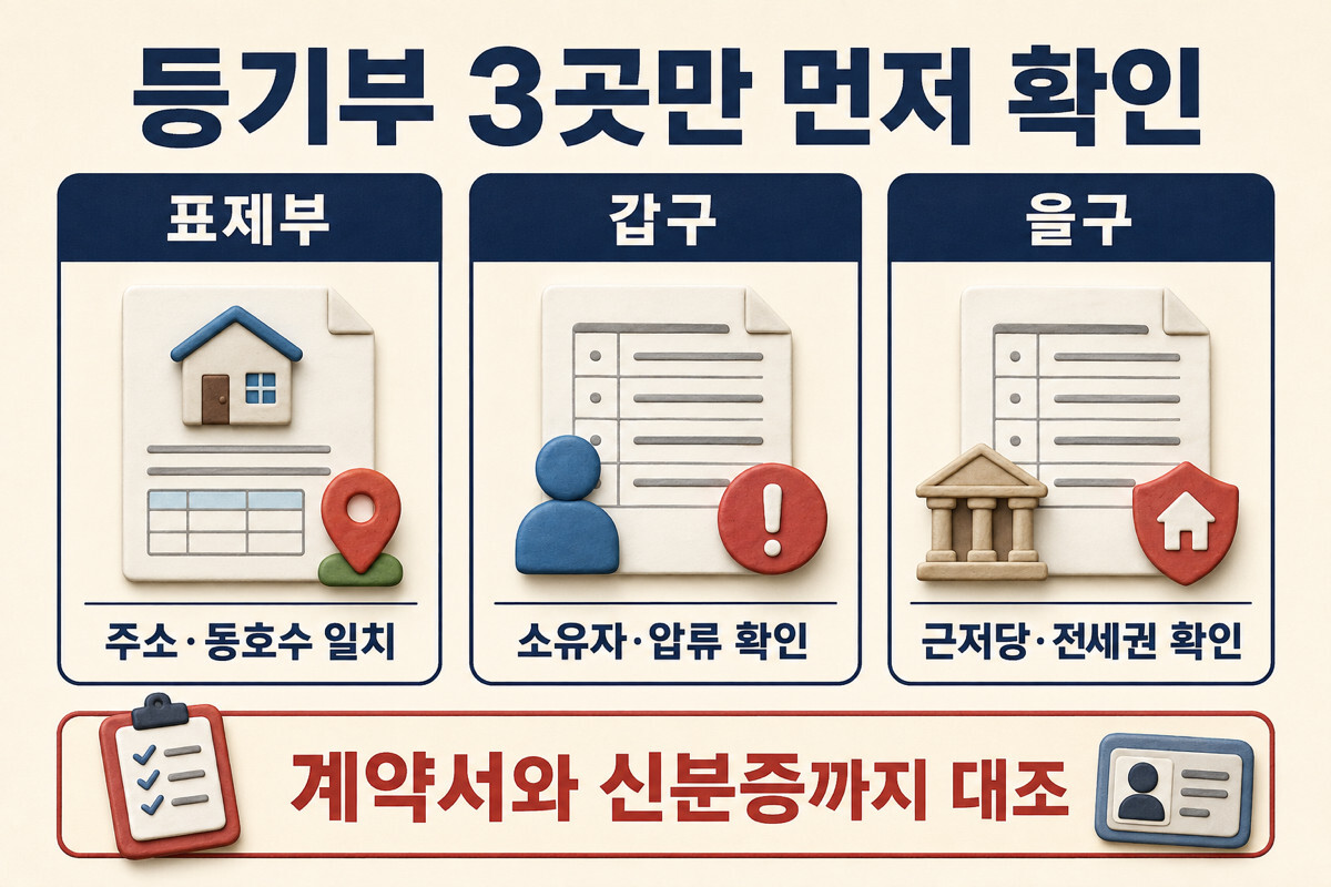 등기부 표제부 갑구 을구에서 주소 소유자 압류 근저당 전세권을 확인하는 인포그래픽