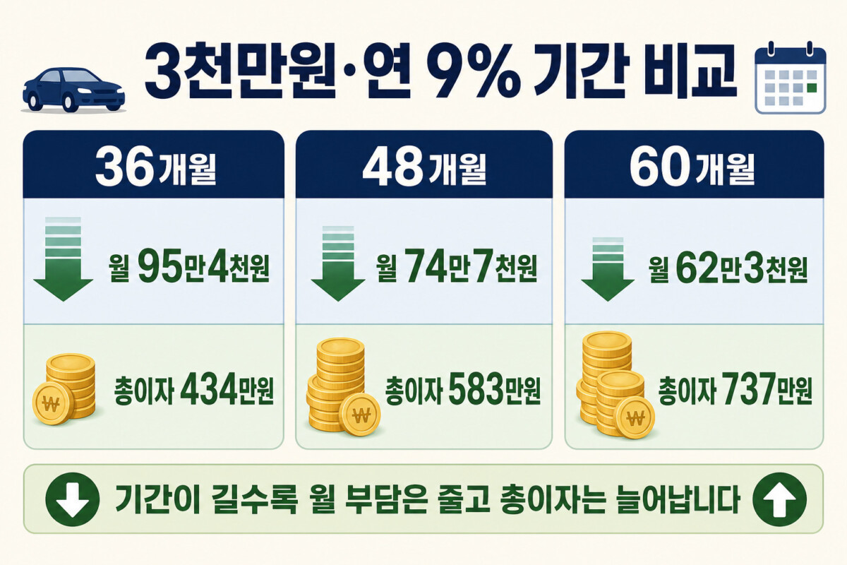 중고차 할부원금 3천만원 연 9퍼센트 36개월 48개월 60개월 월 납입금 총이자 비교 인포그래픽