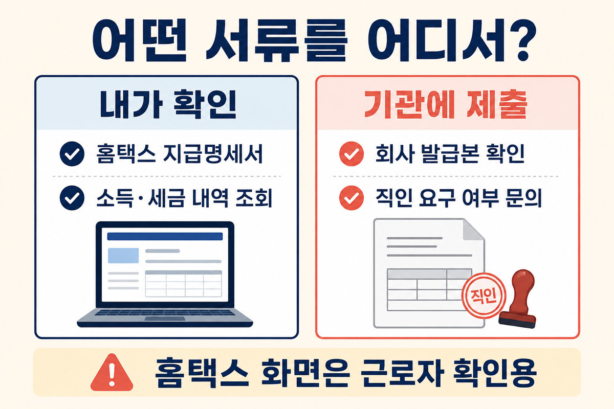 홈택스 지급명세서 확인용과 회사 발급 제출용 원천징수영수증을 구분한 인포그래픽